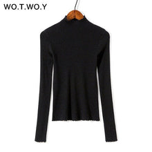 Load image into Gallery viewer, WOTWOY Basic Slim Thin Knitted Ruffles Sweaters Women Pink Autumn Winter Long Sleeve Casual Pullovers Female Hollow Out Jumper