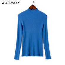 Load image into Gallery viewer, WOTWOY Basic Slim Thin Knitted Ruffles Sweaters Women Pink Autumn Winter Long Sleeve Casual Pullovers Female Hollow Out Jumper