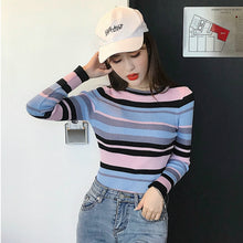 Load image into Gallery viewer, 2019 Spring autumn wild striped bottoming shirt low round neck long-sleeved sweater women's shirt Slim thin sweater women's