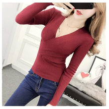 Load image into Gallery viewer, AOSSVIAO 2020 Spring High Elastic Knitted Sweater Woman Sexy V-Neck Women Sweaters And Pullovers Korean Long Sleeve Pull Femme