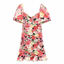 Load image into Gallery viewer, 2020 women flower print hem pleats ruffles mini dress chic female v neck vestidos back zipper brand slim pleated dresses DS3674