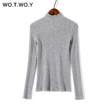 Load image into Gallery viewer, WOTWOY Basic Slim Thin Knitted Ruffles Sweaters Women Pink Autumn Winter Long Sleeve Casual Pullovers Female Hollow Out Jumper
