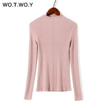 Load image into Gallery viewer, WOTWOY Basic Slim Thin Knitted Ruffles Sweaters Women Pink Autumn Winter Long Sleeve Casual Pullovers Female Hollow Out Jumper
