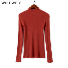 Load image into Gallery viewer, WOTWOY Basic Slim Thin Knitted Ruffles Sweaters Women Pink Autumn Winter Long Sleeve Casual Pullovers Female Hollow Out Jumper
