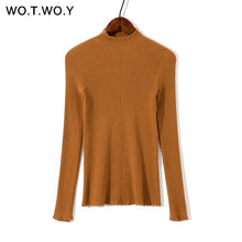 Load image into Gallery viewer, WOTWOY Basic Slim Thin Knitted Ruffles Sweaters Women Pink Autumn Winter Long Sleeve Casual Pullovers Female Hollow Out Jumper
