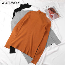 Load image into Gallery viewer, WOTWOY Basic Slim Thin Knitted Ruffles Sweaters Women Pink Autumn Winter Long Sleeve Casual Pullovers Female Hollow Out Jumper
