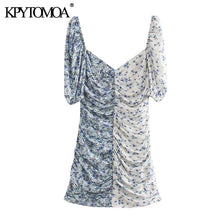 Load image into Gallery viewer, KPYTOMOA Women 2020 Chic Fashion Floral Print Patchwork Draped Mini Dress Vintage V Neck Puff Sleeve Female Dresses Vestidos
