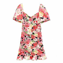 Load image into Gallery viewer, 2020 women flower print hem pleats ruffles mini dress chic female v neck vestidos back zipper brand slim pleated dresses DS3674
